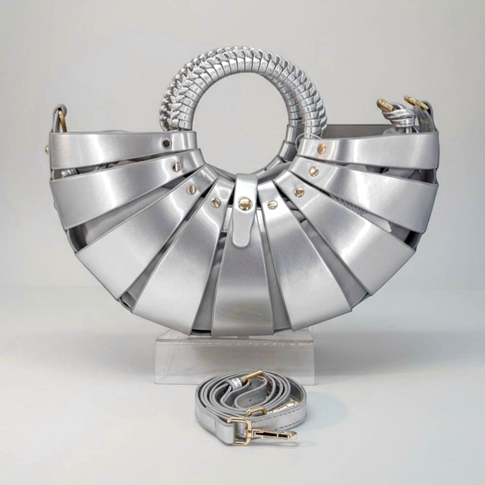 Silver Fan Shaped Faux Leather Abstract Structured Top Handle Crossbody Handbag