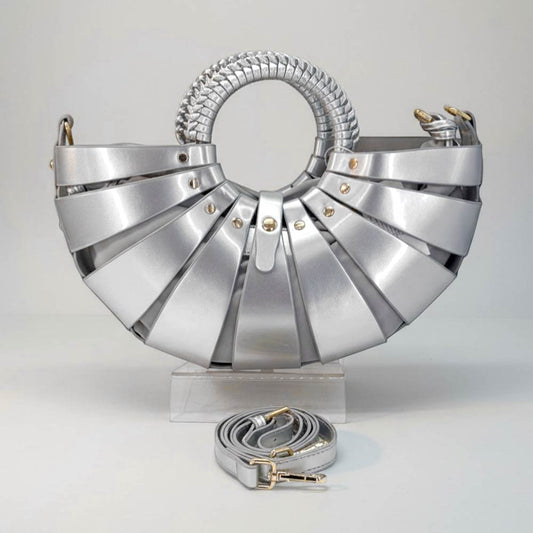 Silver Fan Shaped Faux Leather Abstract Structured Top Handle Crossbody Handbag