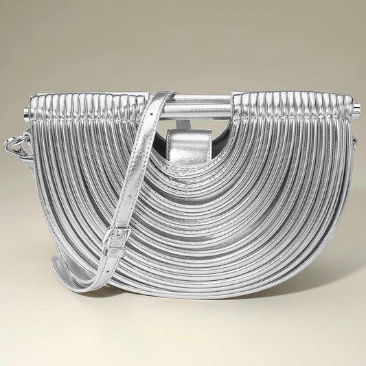 Faux Leather Unique Silver Half Moon Structured Handbag Crossbody Bag