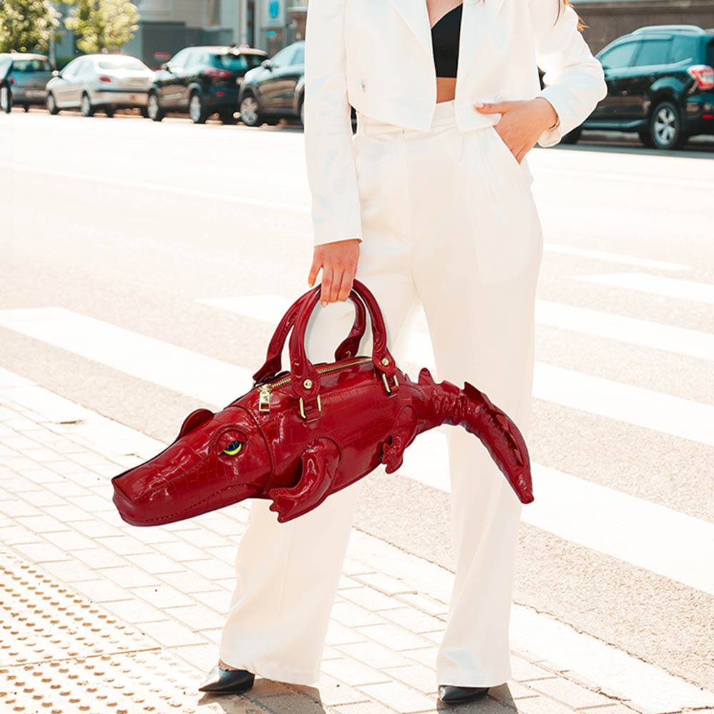 Red Faux Leather Crocodile Shape Crossbody Handbag M H W ACCESSORIES LLC Red Faux Leather Crocodile Shape Crossbody Handbag