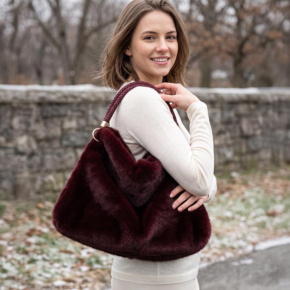 Fuzzy Plush Fur Slouchy Shoulder Burgundy Hobo Bag M H W ACCESSORIES LLC Fuzzy Plush Fur Slouchy Shoulder Burgundy Hobo Bag