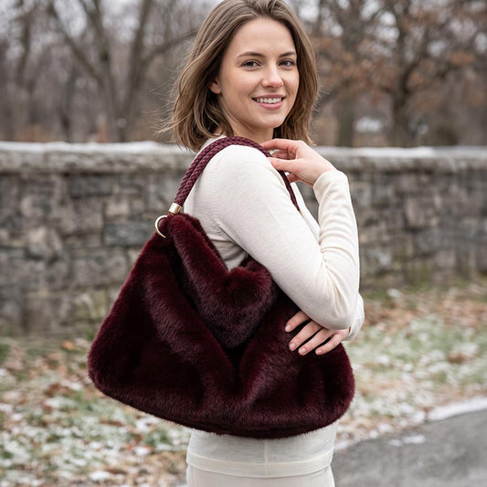 Fuzzy Plush Fur Slouchy Shoulder Burgundy Hobo Bag M H W ACCESSORIES LLC Fuzzy Plush Fur Slouchy Shoulder Burgundy Hobo Bag