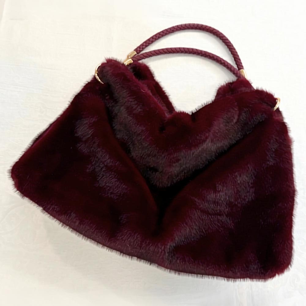 Fuzzy Plush Fur Slouchy Shoulder Burgundy Hobo Bag M H W ACCESSORIES LLC Fuzzy Plush Fur Slouchy Shoulder Burgundy Hobo Bag
