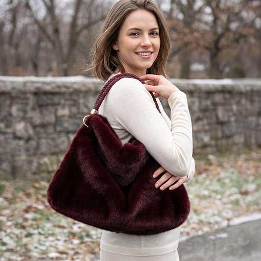 Fuzzy Plush Fur Slouchy Shoulder Burgundy Hobo Bag M H W ACCESSORIES LLC Fuzzy Plush Fur Slouchy Shoulder Burgundy Hobo Bag