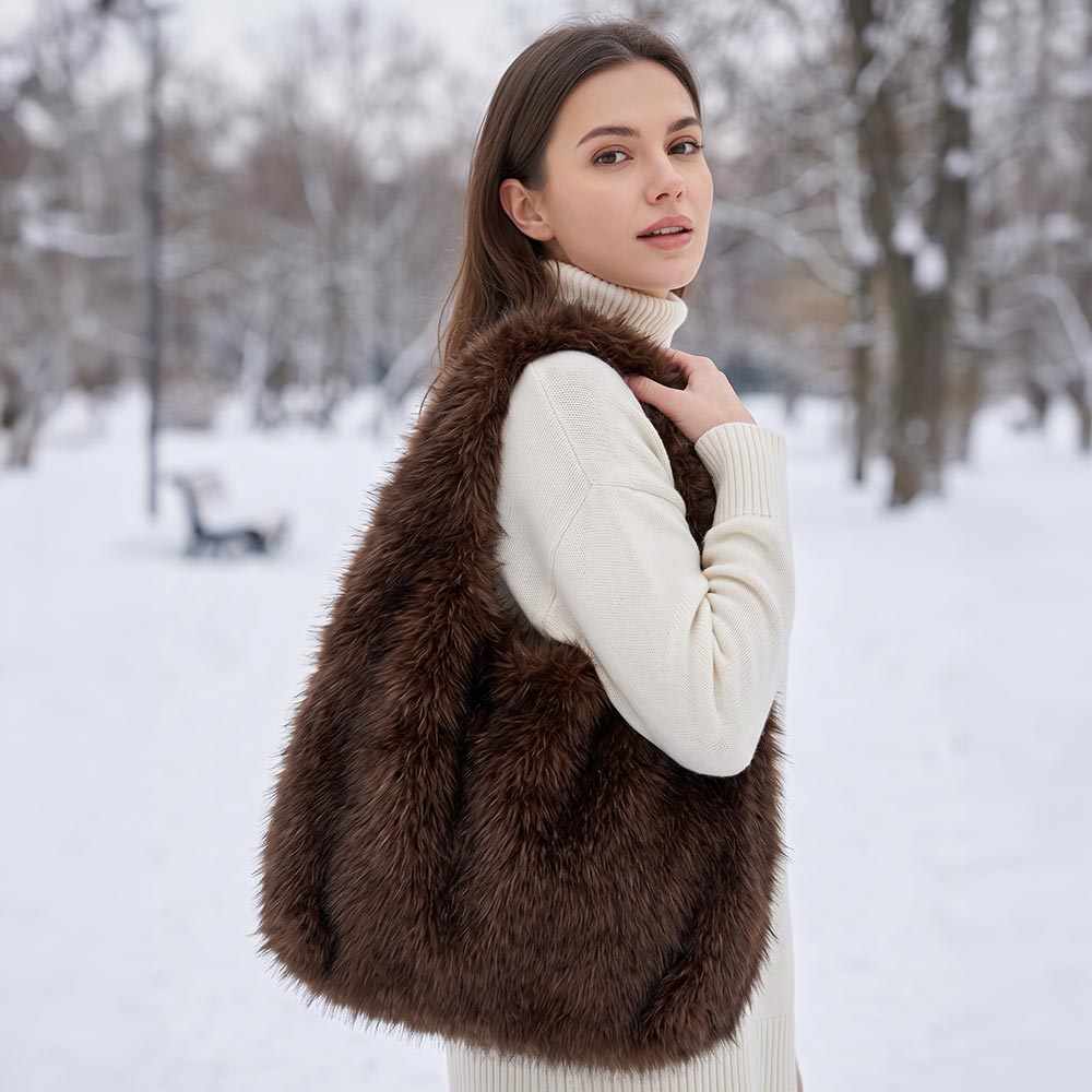Fuzzy Plush Fur Slouchy Shoulder Dark Brown Hobo Bag M H W ACCESSORIES LLC Fuzzy Plush Fur Slouchy Shoulder Dark Brown Hobo Bag