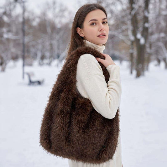 Fuzzy Plush Fur Slouchy Shoulder Dark Brown Hobo Bag M H W ACCESSORIES LLC Fuzzy Plush Fur Slouchy Shoulder Dark Brown Hobo Bag