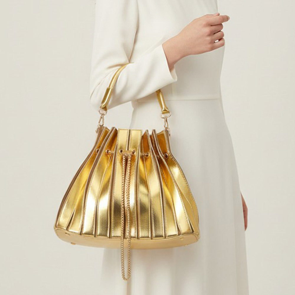 Gold Pleated Drawstring Bucket Crossbody Handbag for Women M H W ACCESSORIES LLC Gold Pleated Drawstring Bucket Crossbody Handbag for Women