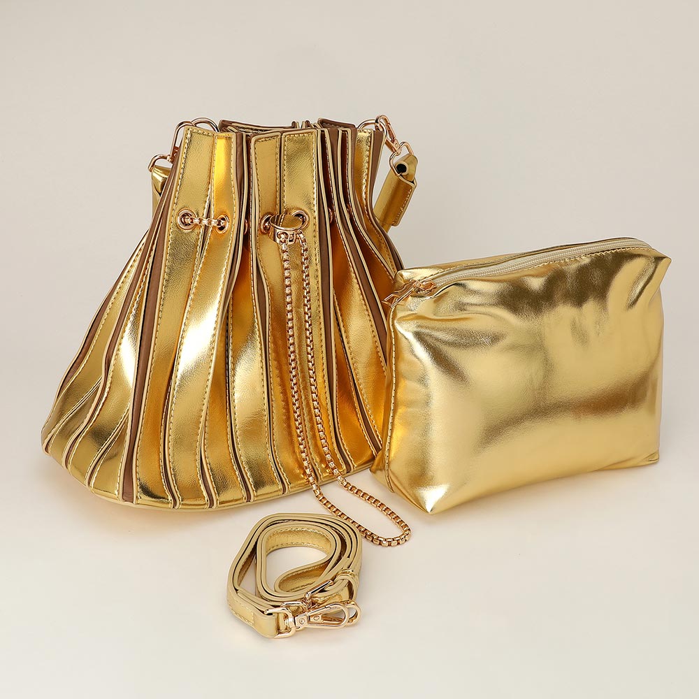 Gold Pleated Drawstring Bucket Crossbody Handbag for Women M H W ACCESSORIES LLC Gold Pleated Drawstring Bucket Crossbody Handbag for Women