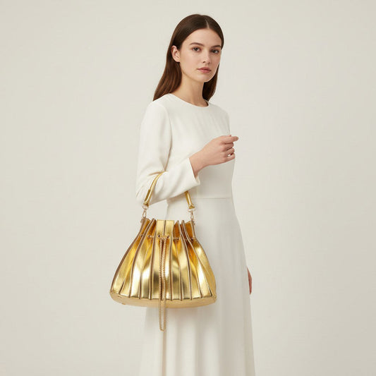 Gold Pleated Drawstring Bucket Crossbody Handbag for Women M H W ACCESSORIES LLC Gold Pleated Drawstring Bucket Crossbody Handbag for Women