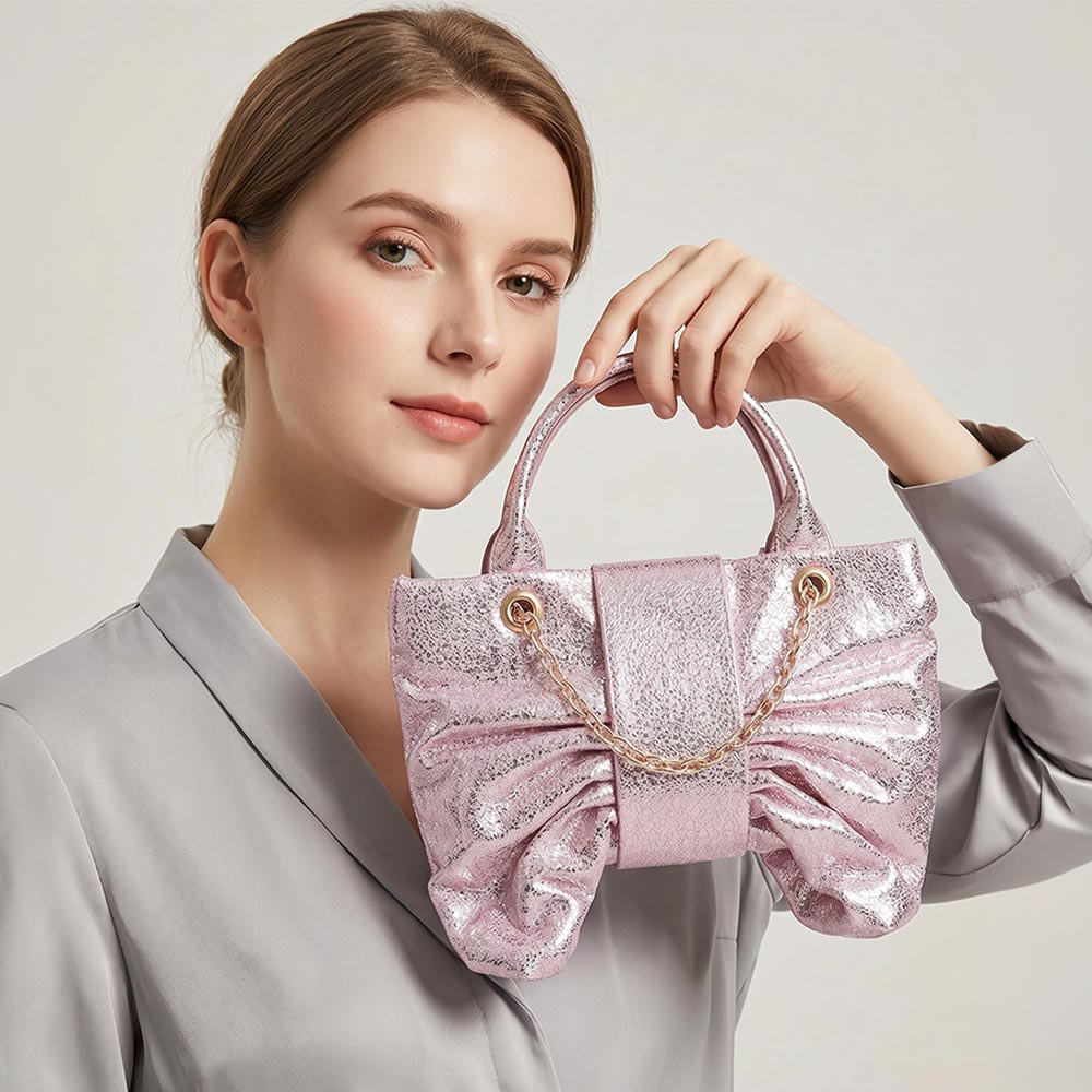 Sparkly Ruched Bow Accent Shoulder Crossbody Handbag