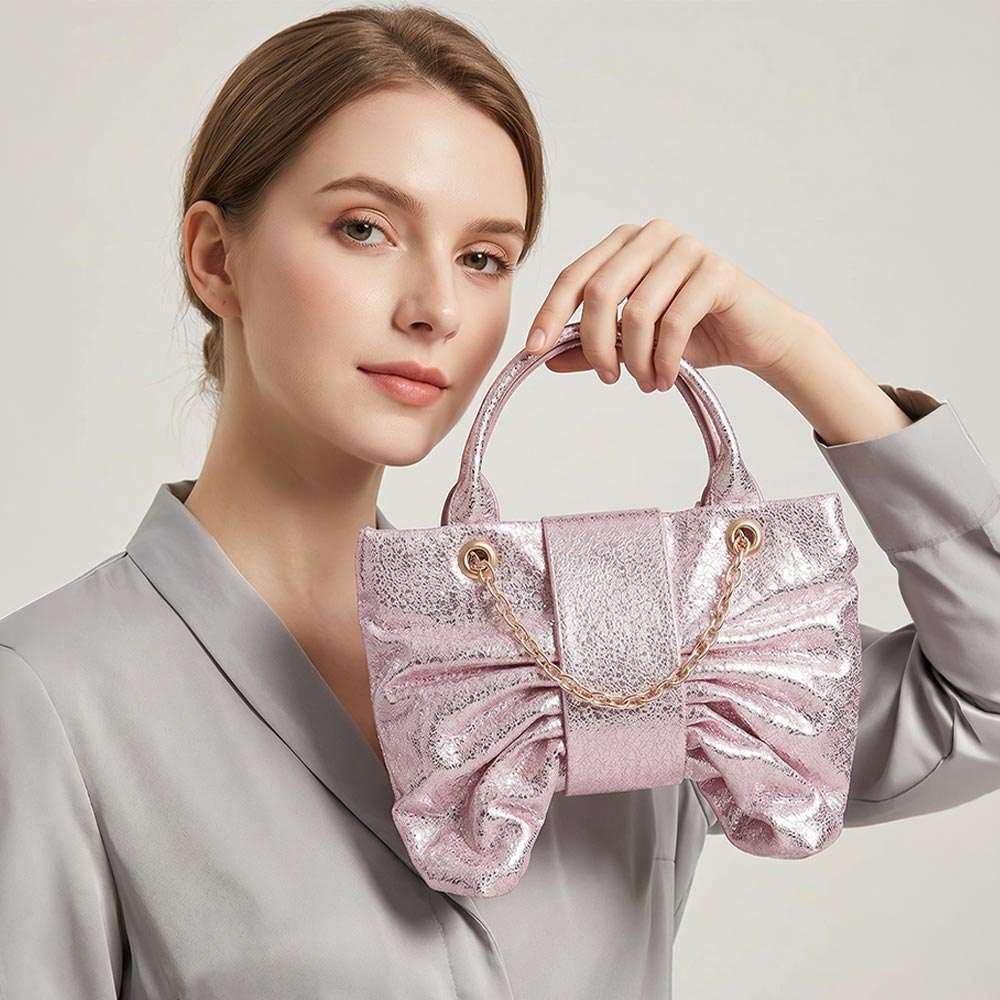 Sparkly Ruched Bow Accent Shoulder Crossbody Handbag - M H W ACCESSORIES LLC