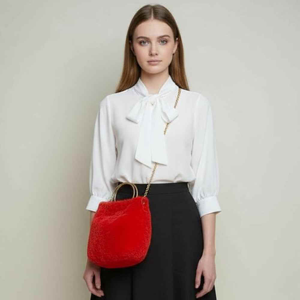Red Chain Strap Fluffy Fuzzy Faux Fur Handbag / Crossbody Bag