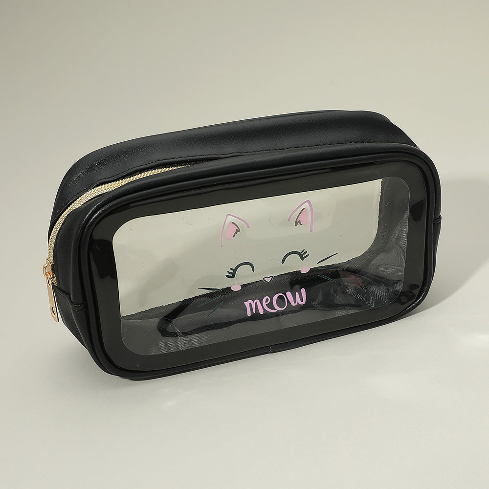 Black Meow Cat Face Printed Transparent Travel Cosmetic Pouch Bag M H W ACCESSORIES LLC Black Meow Cat Face Printed Transparent Travel Cosmetic Pouch Bag