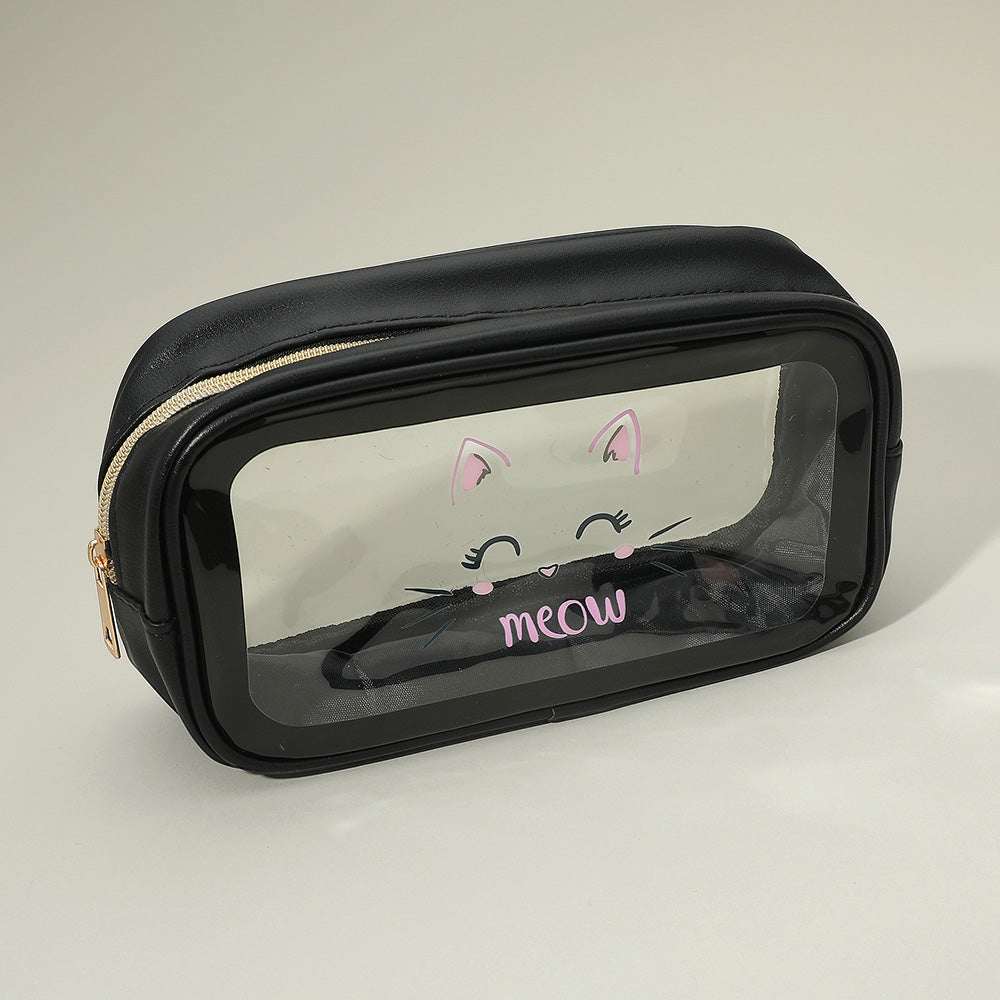 Black Meow Cat Face Printed Transparent Travel Cosmetic Pouch Bag M H W ACCESSORIES LLC Black Meow Cat Face Printed Transparent Travel Cosmetic Pouch Bag
