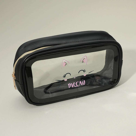 Black Meow Cat Face Printed Transparent Travel Cosmetic Pouch Bag M H W ACCESSORIES LLC Black Meow Cat Face Printed Transparent Travel Cosmetic Pouch Bag