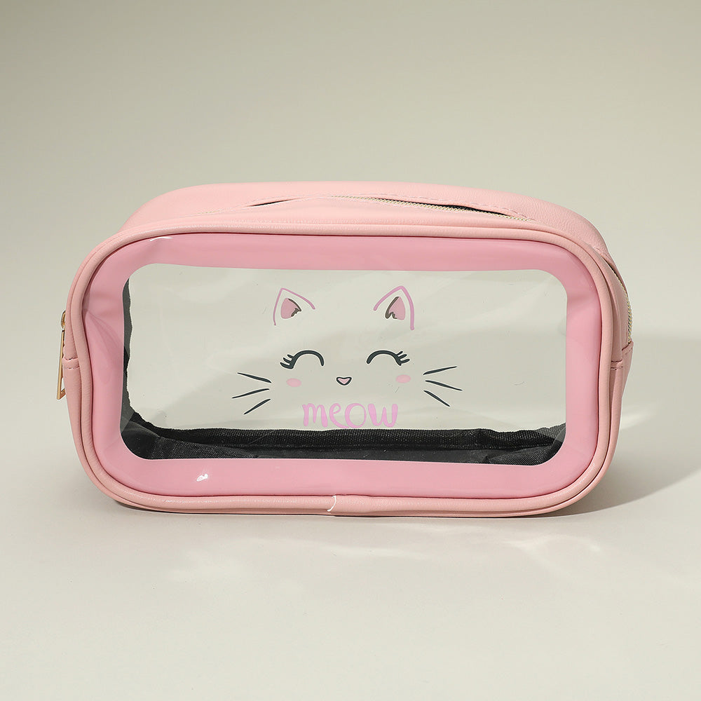 Pink Meow Cat Face Printed Transparent Travel Cosmetic Pouch Bag M H W ACCESSORIES LLC Pink Meow Cat Face Printed Transparent Travel Cosmetic Pouch Bag