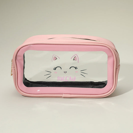 Pink Meow Cat Face Printed Transparent Travel Cosmetic Pouch Bag M H W ACCESSORIES LLC Pink Meow Cat Face Printed Transparent Travel Cosmetic Pouch Bag