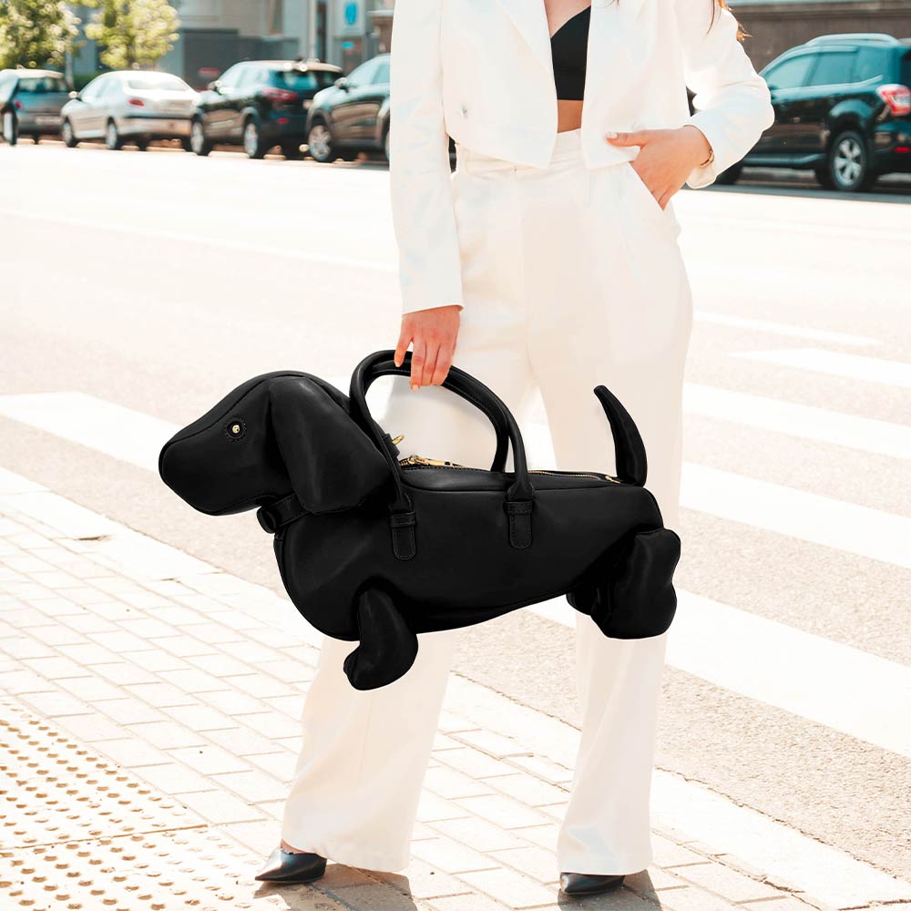 Faux Leather Black Dachshund Dog Crossbody Handbag