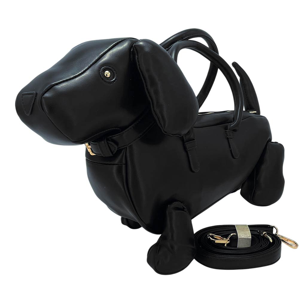 Faux Leather Black Dachshund Dog Crossbody Handbag