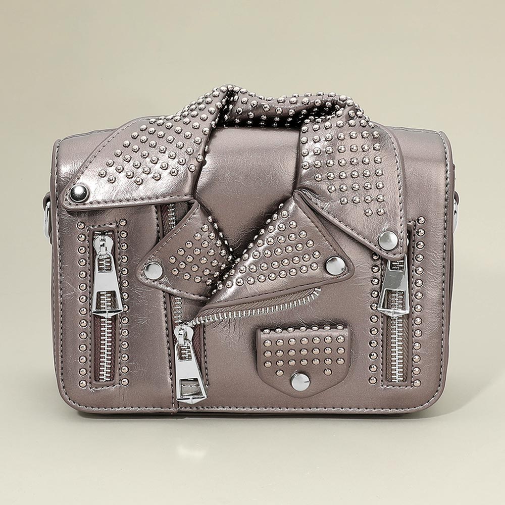 Studded Bronx Faux Leather Jacket Designed Crossbody Bag M H W ACCESSORIES LLC Studded Bronx Faux Leather Jacket Designed Crossbody Bag