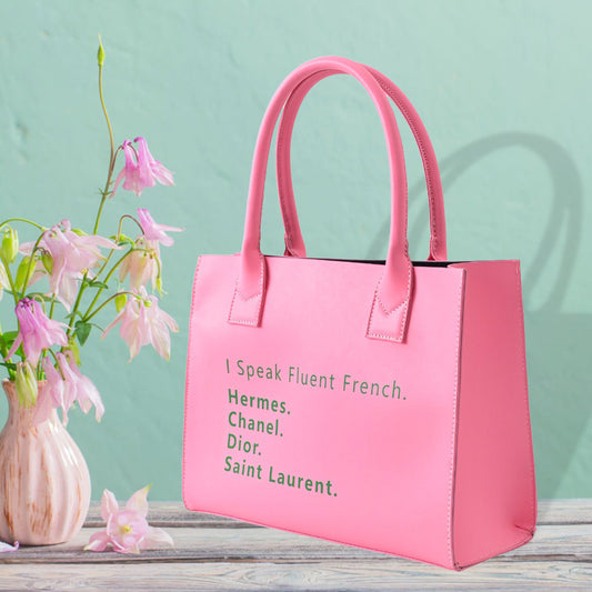 Pink and Green I Speak Fluent French Message Tote Bag Shoulder Bag - M H W ACCESSORIES LLC