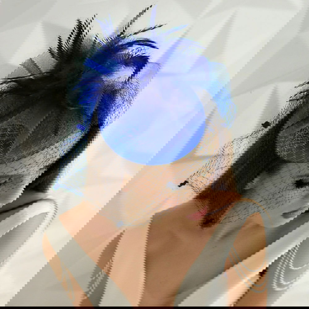 Feather Blue Mesh Fascinator / Headband - M H W ACCESSORIES LLC