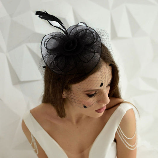 Feather  Black Mesh Fascinator / Headband - M H W ACCESSORIES LLC