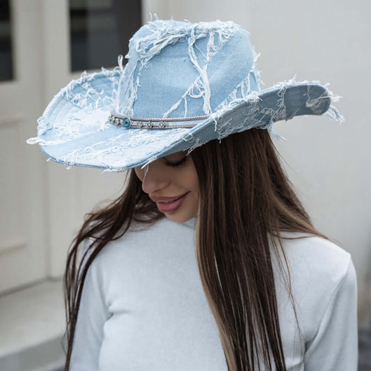 Flower Pointed Band Distressed Denim Cowboy Hat for Women - M H W ACCESSORIES LLC