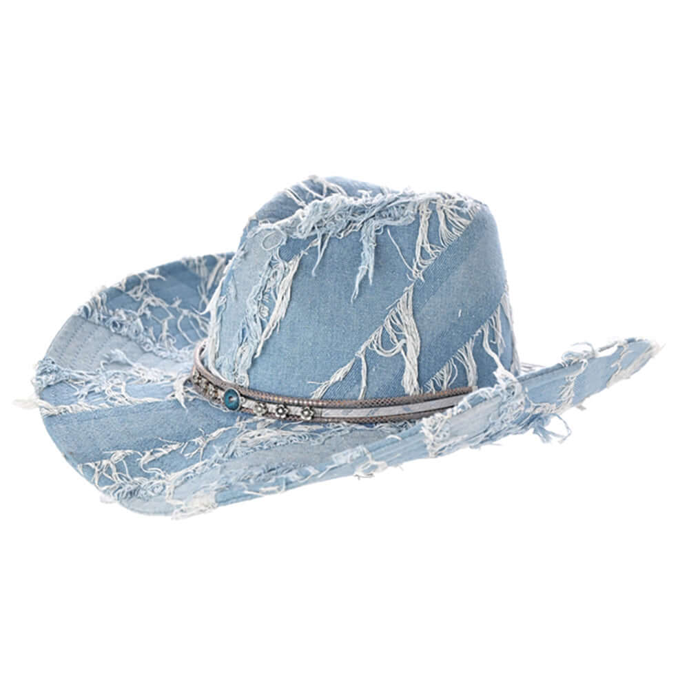 Flower Pointed Band Distressed Denim Cowboy Hat for Women - M H W ACCESSORIES LLC