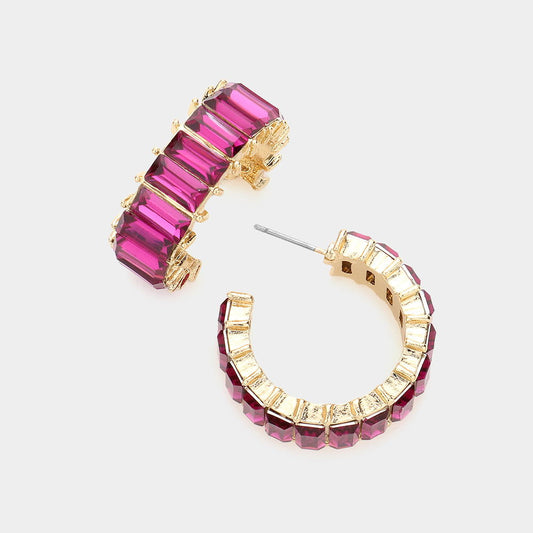 Fuchsia Baguette Stone Cluster Hoop Earrings-M H W ACCESSORIES - M H W ACCESSORIES LLC