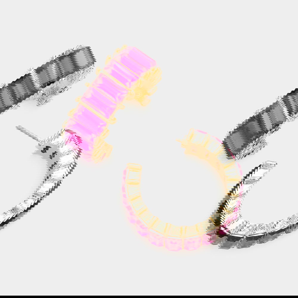 Fuchsia Baguette Stone Cluster Hoop Earrings-M H W ACCESSORIES - M H W ACCESSORIES LLC