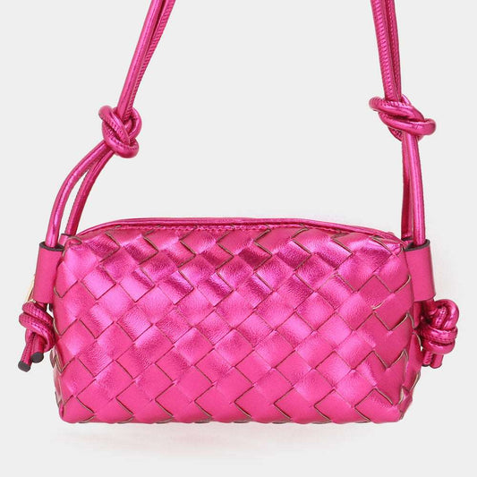 Fuchsia Metallic Faux Leather Weaved Crossbody Bag - M H W ACCESSORIES LLC