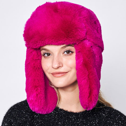 Fuchsia Solid Faux Fur Trapper Hat - M H W ACCESSORIES LLC