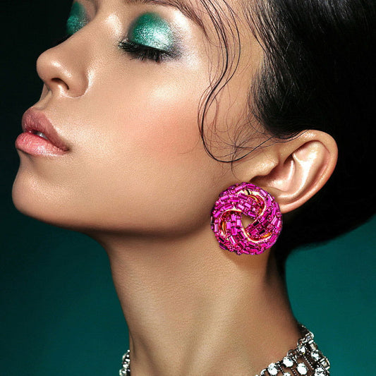 Fuchsia and Gold Cylinder Round Post Earrings - M H W ACCESSORIES LLC