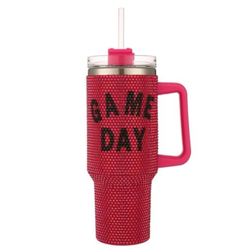 GAME DAY PINK RHINESTONE BLING 40 OZ TUMBLER WITH HANDLE - M H W ACCESSORIES LLC