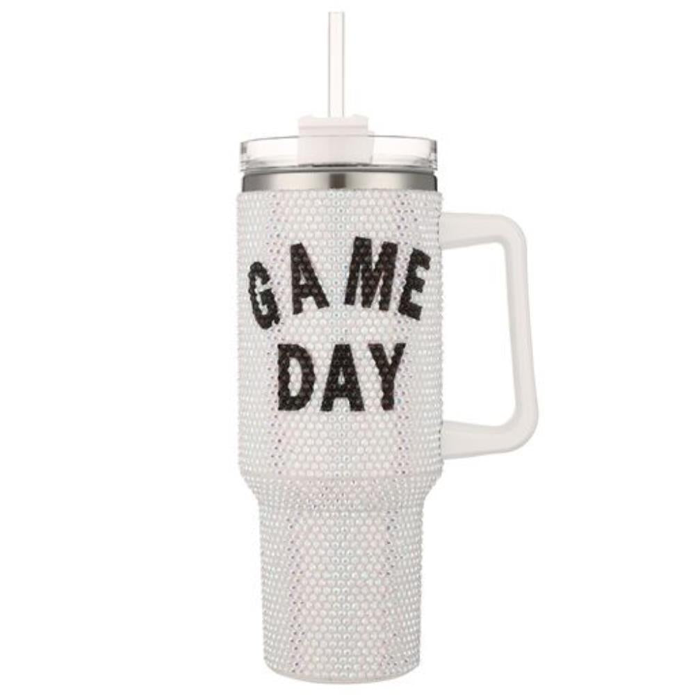GAME DAY WhiteRHINESTONE BLING 40 OZ TUMBLER WITH HANDLE - M H W ACCESSORIES LLC