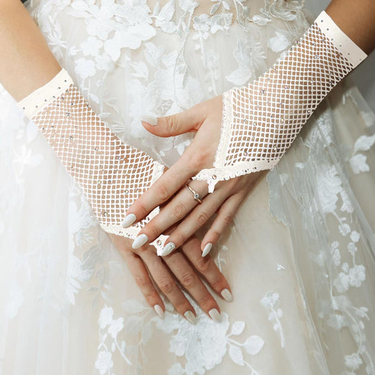 White Embellished Fishnet Fingerless Wedding Gloves - M H W ACCESSORIES LLC