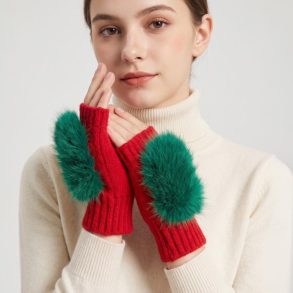Red & Green Christmas Theme Fuzzy Hairy Fur Accent Fingerless Gloves M H W ACCESSORIES LLC Red & Green Christmas Theme Fuzzy Hairy Fur Accent Fingerless Gloves