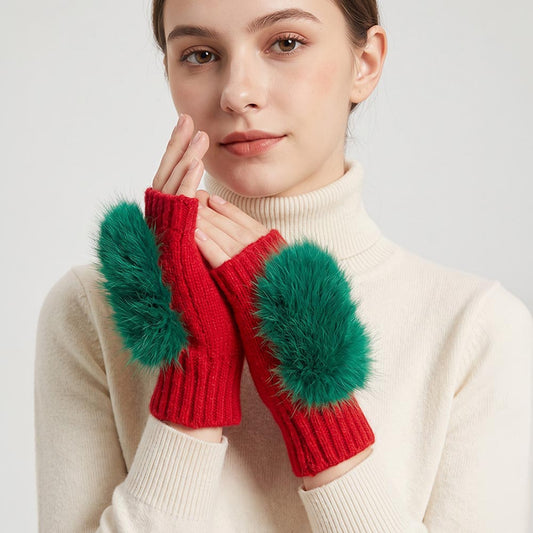 Red & Green Christmas Theme Fuzzy Hairy Fur Accent Fingerless Gloves M H W ACCESSORIES LLC Red & Green Christmas Theme Fuzzy Hairy Fur Accent Fingerless Gloves