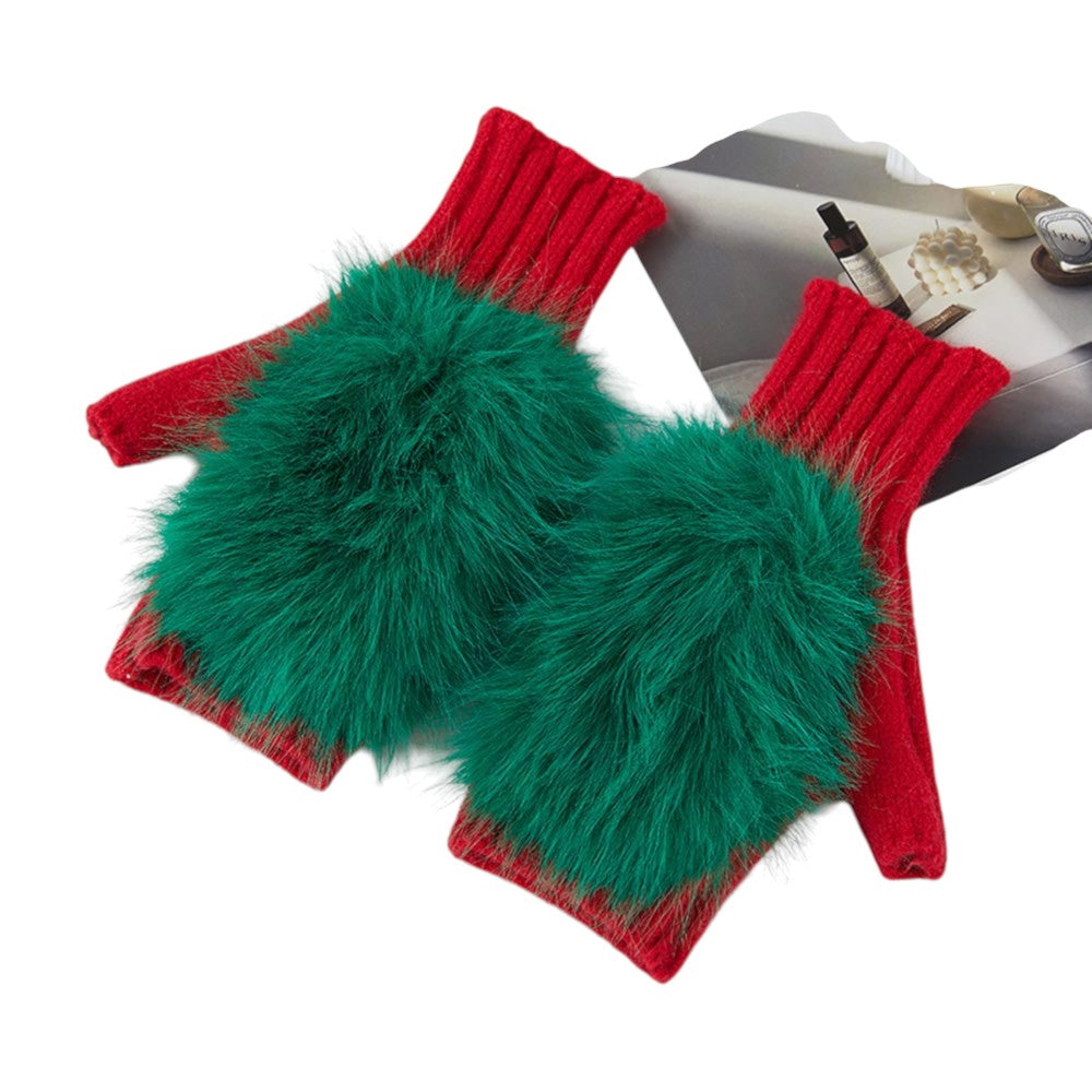 Red & Green Christmas Theme Fuzzy Hairy Fur Accent Fingerless Gloves M H W ACCESSORIES LLC Red & Green Christmas Theme Fuzzy Hairy Fur Accent Fingerless Gloves