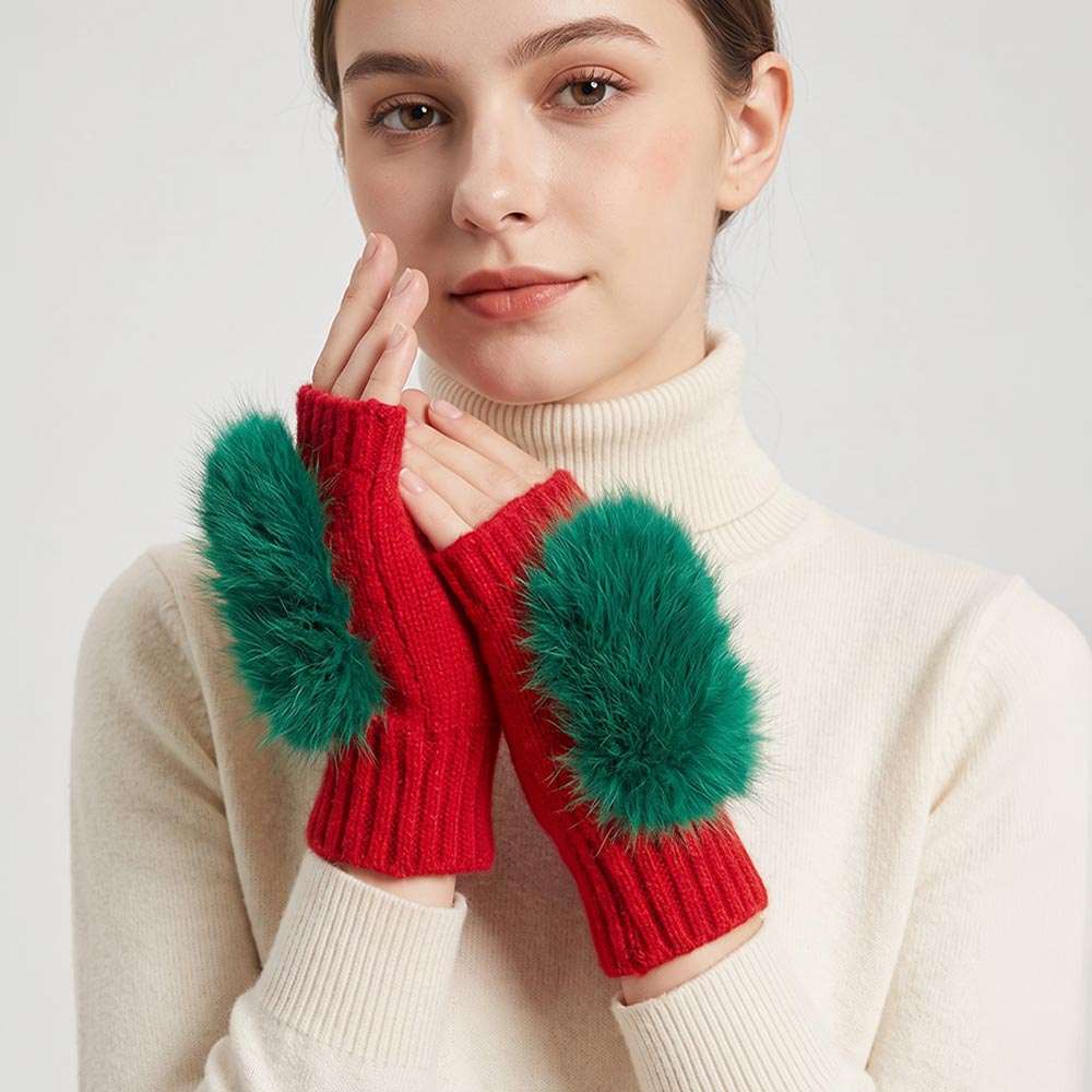 Red & Green Christmas Theme Fuzzy Hairy Fur Accent Fingerless Gloves M H W ACCESSORIES LLC Red & Green Christmas Theme Fuzzy Hairy Fur Accent Fingerless Gloves