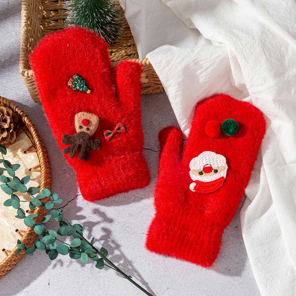 Red Festive Christmas Santa Reindeer Tree Bow Pom Pom Winter Mitten Gloves M H W ACCESSORIES LLC Red Festive Christmas Santa Reindeer Tree Bow Pom Pom Winter Mitten Gloves