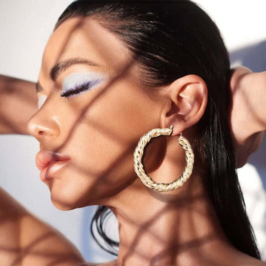 GOLD Brushed Metal Twisted Hoop Pin Catch Earrings - M H W ACCESSORIES LLC