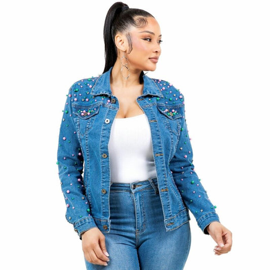 Radiant Pearls Rhinestone Medium Denim Pink & Green Jacket-Small/Medium