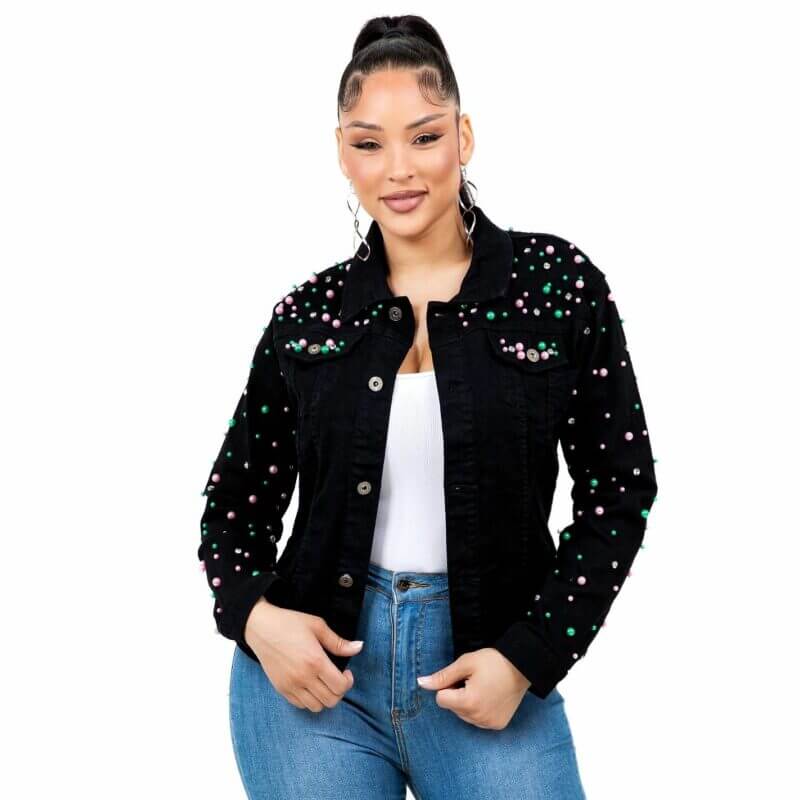 Radiant Pearls Rhinestone Black Denim Pink & Green Jacket-Large/X-Large