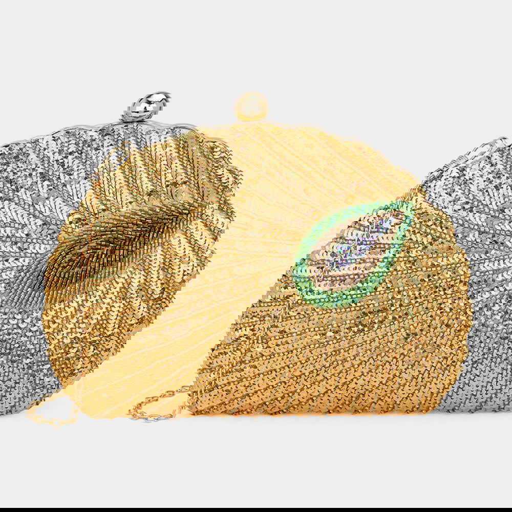 Gold Beaded Sequin Peacock Clutch Evening Bag / Crossbody Bag - M H W ACCESSORIES LLC