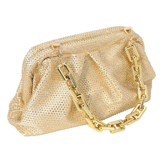 Gold Bling Studded Chunky Chain Strap Evening Clutch Bag / Crossbody Bag - M H W ACCESSORIES LLC