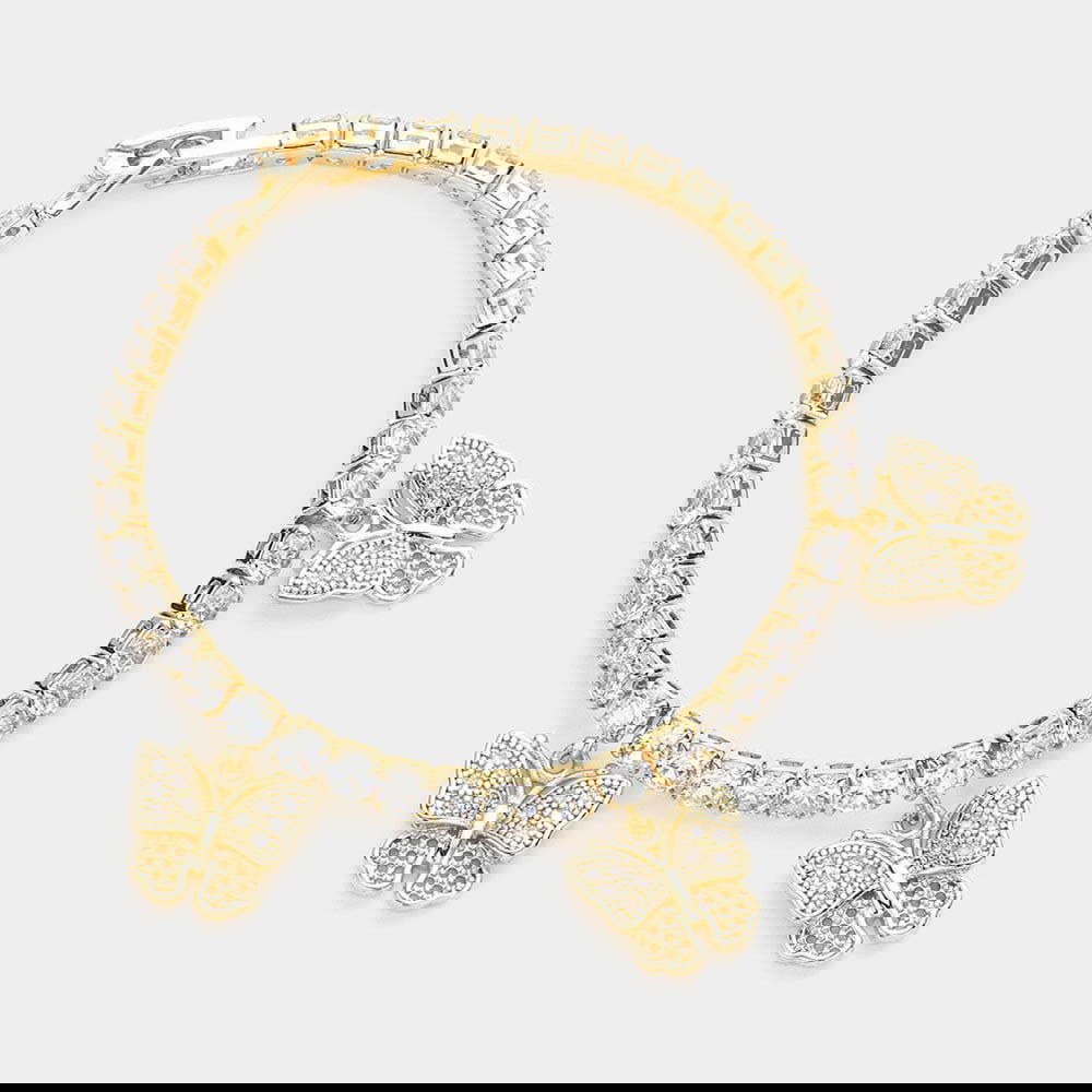 Gold CZ Embellished Triple Butterfly Charm Tennis Evening Bracelet - M H W ACCESSORIES LLC