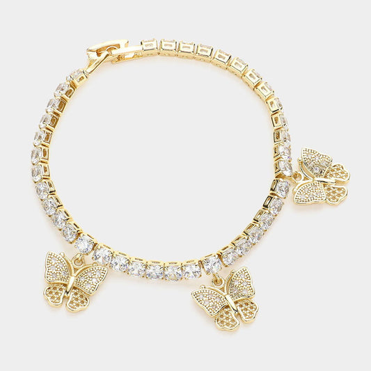 Gold CZ Embellished Triple Butterfly Charm Tennis Evening Bracelet - M H W ACCESSORIES LLC