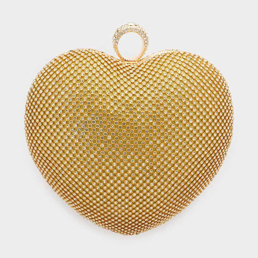 Gold Crossbody Bag Rhinestone Embellished Heart Evening Clutch / Crossbody Bag - M H W ACCESSORIES LLC